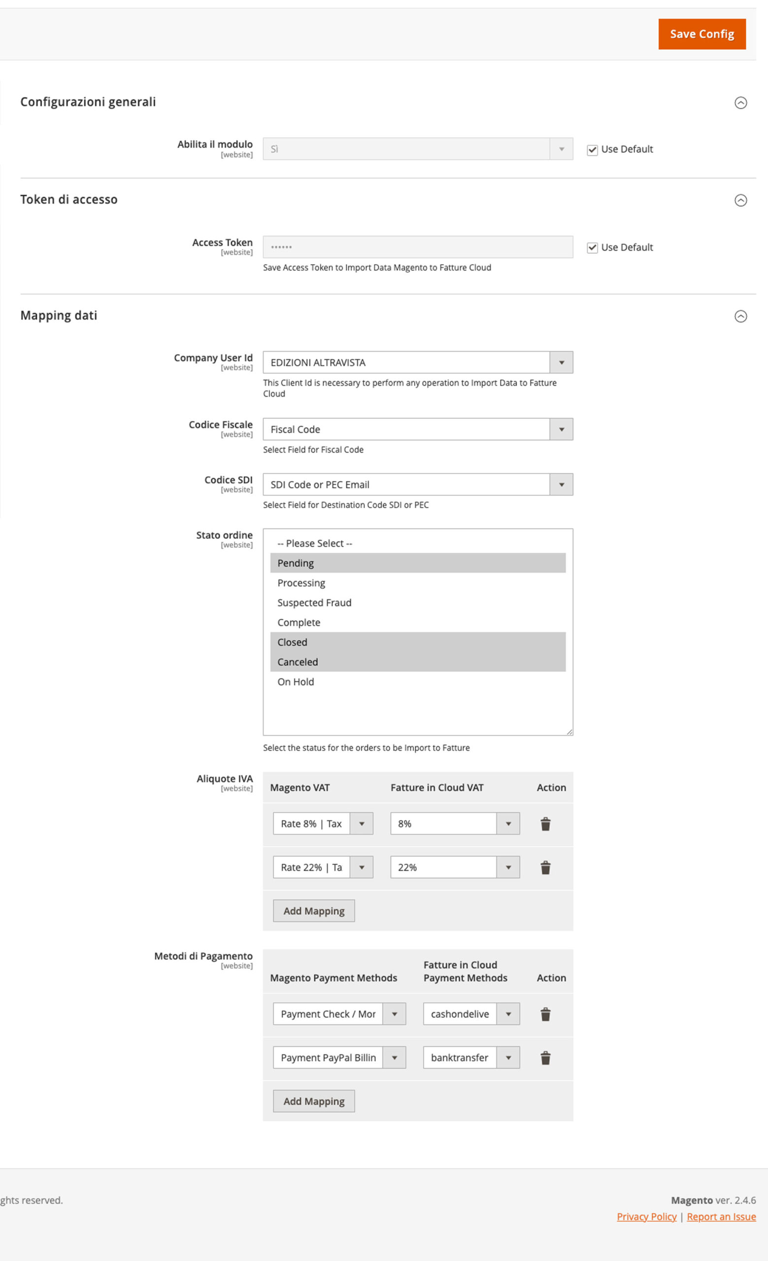 Pannello di amministrazione del modulo su Magento